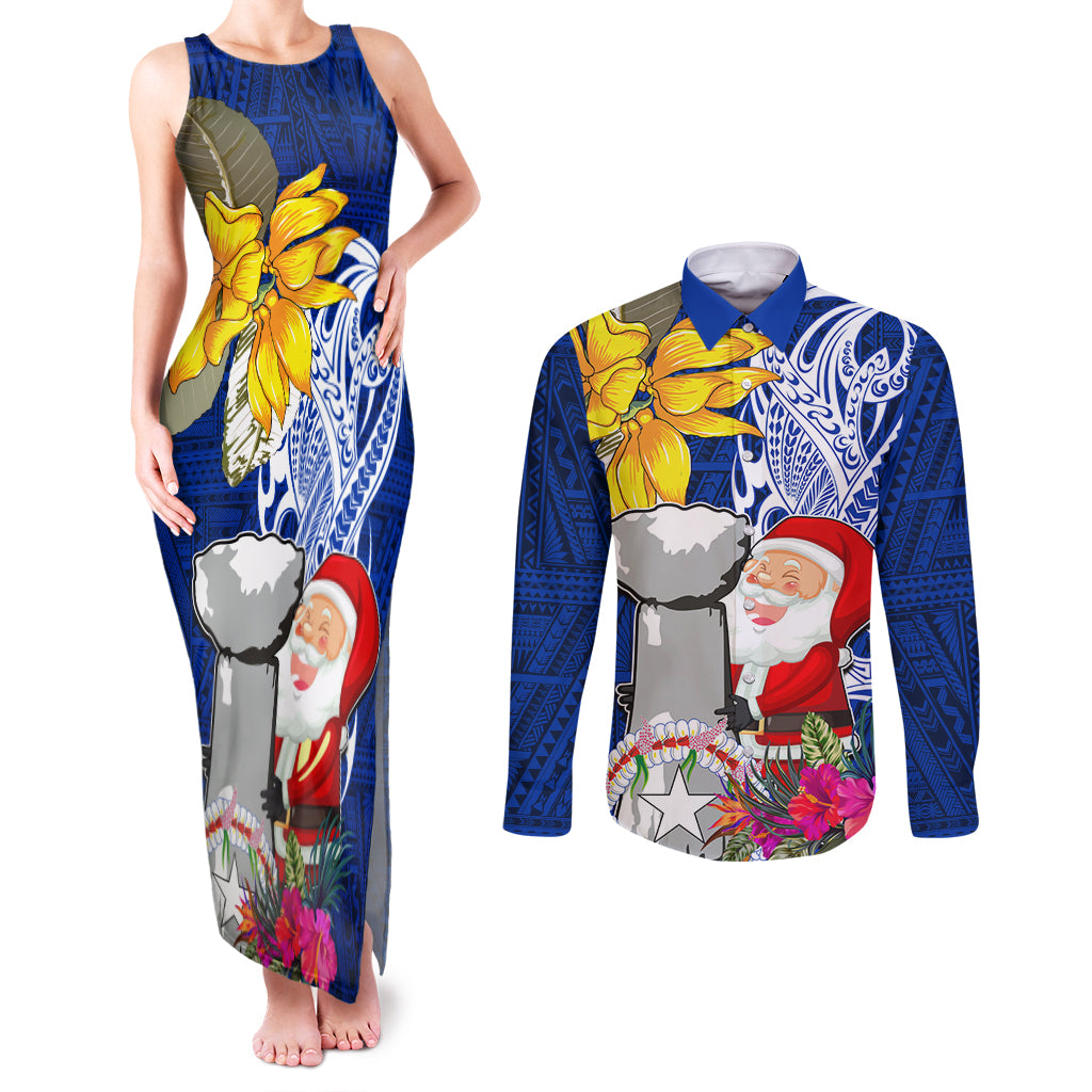 Custom Northern Mariana Islands Christmas Couples Matching Tank Maxi Dress and Long Sleeve Button Shirt Funny Santa Hug Latte Stone Ylang-ylang and Polynesia Pattern Blue LT03 Blue - Polynesian Pride