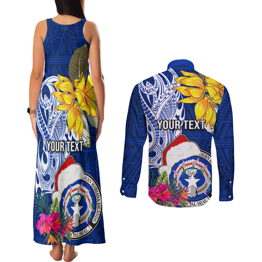 Custom Northern Mariana Islands Christmas Couples Matching Tank Maxi Dress and Long Sleeve Button Shirt Funny Santa Hug Latte Stone Ylang-ylang and Polynesia Pattern Blue LT03 - Polynesian Pride