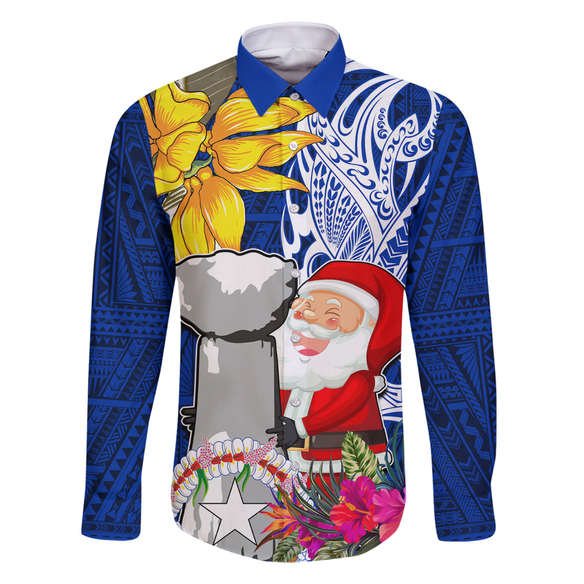 Custom Northern Mariana Islands Christmas Family Matching Long Sleeve Bodycon Dress and Hawaiian Shirt Funny Santa Hug Latte Stone Ylang-ylang and Polynesia Pattern Blue LT03 Dad's Shirt - Long Sleeve Blue - Polynesian Pride