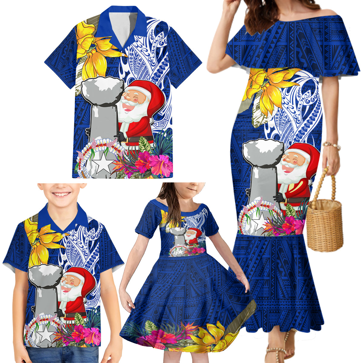 Custom Northern Mariana Islands Christmas Family Matching Mermaid Dress and Hawaiian Shirt Funny Santa Hug Latte Stone Ylang-ylang and Polynesia Pattern Blue LT03 - Polynesian Pride