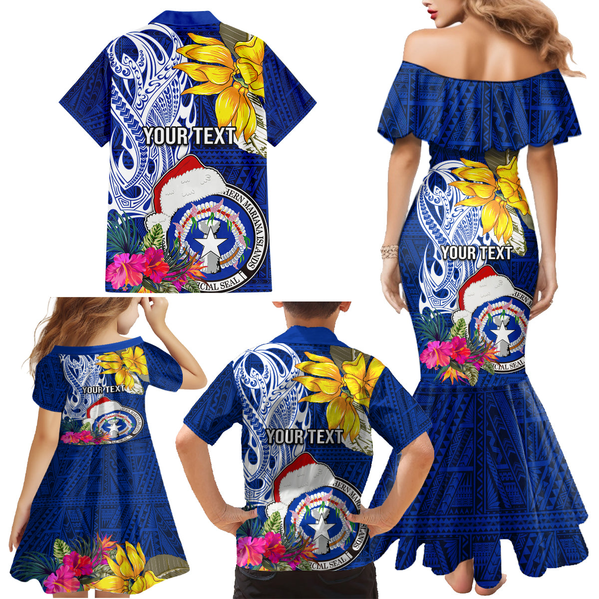 Custom Northern Mariana Islands Christmas Family Matching Mermaid Dress and Hawaiian Shirt Funny Santa Hug Latte Stone Ylang-ylang and Polynesia Pattern Blue LT03 - Polynesian Pride