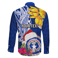 Custom Northern Mariana Islands Christmas Family Matching Off Shoulder Maxi Dress and Hawaiian Shirt Funny Santa Hug Latte Stone Ylang-ylang and Polynesia Pattern Blue LT03 - Polynesian Pride