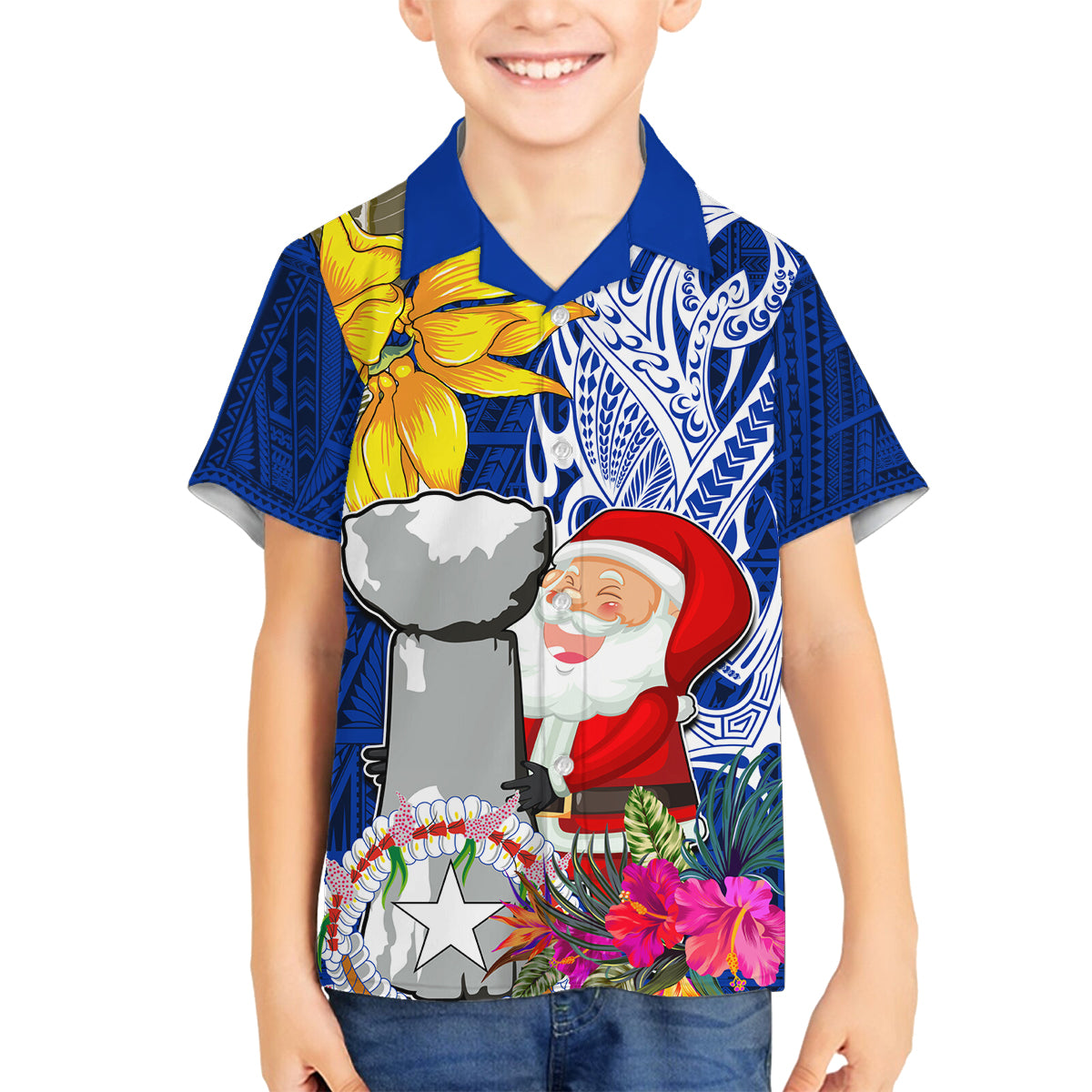 Custom Northern Mariana Islands Christmas Family Matching Off Shoulder Short Dress and Hawaiian Shirt Funny Santa Hug Latte Stone Ylang-ylang and Polynesia Pattern Blue LT03 Son's Shirt Blue - Polynesian Pride