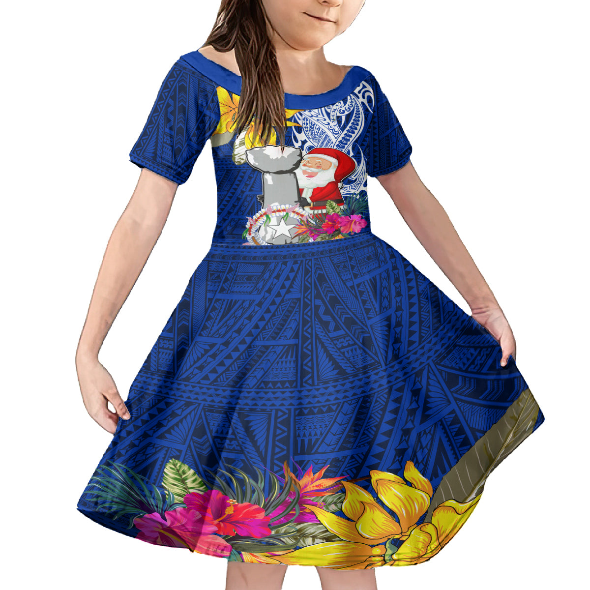 Custom Northern Mariana Islands Christmas Family Matching Puletasi Dress and Hawaiian Shirt Funny Santa Hug Latte Stone Ylang-ylang and Polynesia Pattern Blue LT03 Daughter's Dress Blue - Polynesian Pride