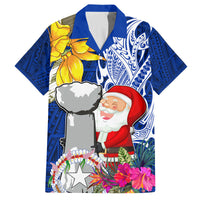 Custom Northern Mariana Islands Christmas Family Matching Puletasi Dress and Hawaiian Shirt Funny Santa Hug Latte Stone Ylang-ylang and Polynesia Pattern Blue LT03 Dad's Shirt - Short Sleeve Blue - Polynesian Pride