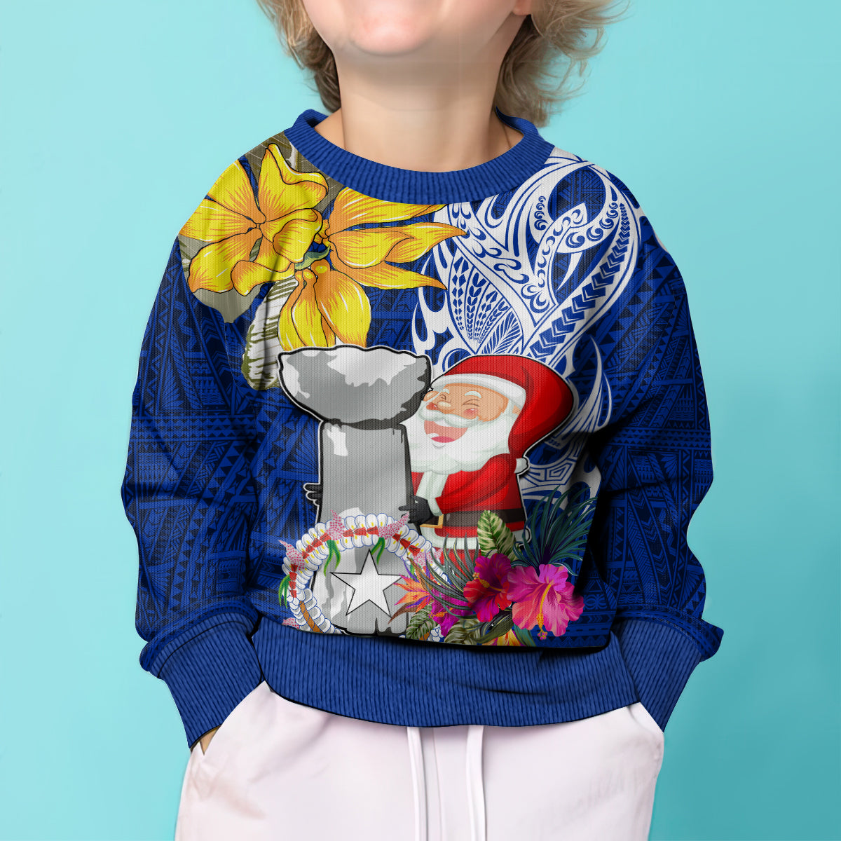 Custom Northern Mariana Islands Christmas Kid Ugly Christmas Sweater Funny Santa Hug Latte Stone Ylang-ylang and Polynesia Pattern Blue LT03 - Polynesian Pride