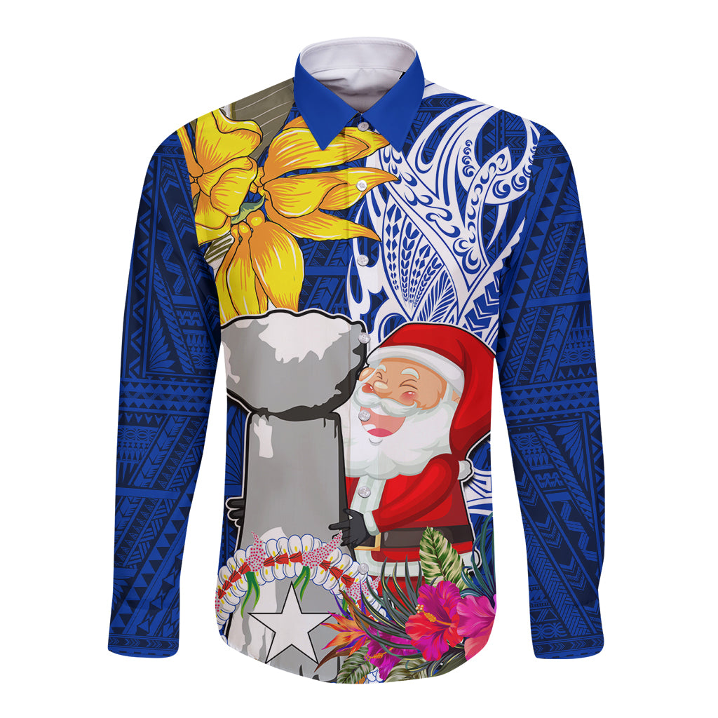 Custom Northern Mariana Islands Christmas Long Sleeve Button Shirt Funny Santa Hug Latte Stone Ylang-ylang and Polynesia Pattern Blue LT03 Unisex Blue - Polynesian Pride