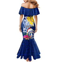 Custom Northern Mariana Islands Christmas Mermaid Dress Funny Santa Hug Latte Stone Ylang-ylang and Polynesia Pattern Blue LT03 - Polynesian Pride