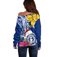Custom Northern Mariana Islands Christmas Off Shoulder Sweater Funny Santa Hug Latte Stone Ylang-ylang and Polynesia Pattern Blue LT03 - Polynesian Pride