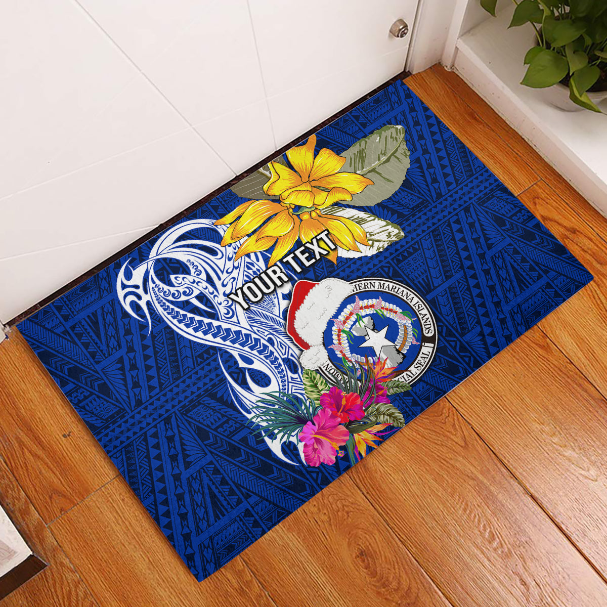 Custom Northern Mariana Islands Christmas Rubber Doormat Funny Santa Hug Latte Stone Ylang-ylang and Polynesia Pattern Blue LT03 Blue - Polynesian Pride