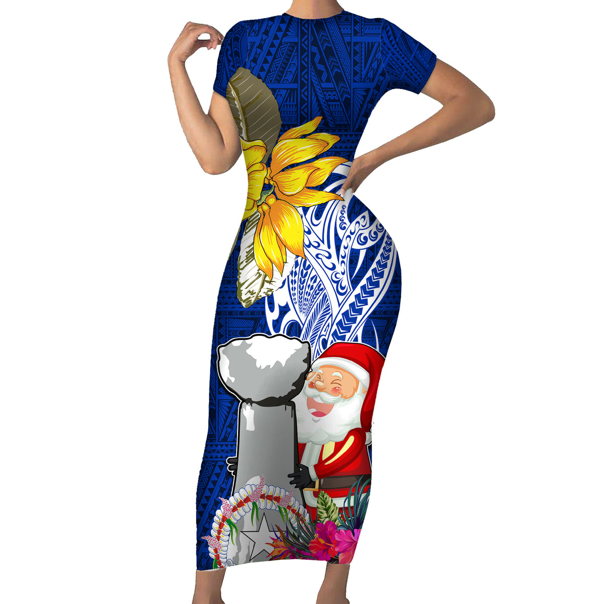 Custom Northern Mariana Islands Christmas Short Sleeve Bodycon Dress Funny Santa Hug Latte Stone Ylang-ylang and Polynesia Pattern Blue LT03 Long Dress Blue - Polynesian Pride