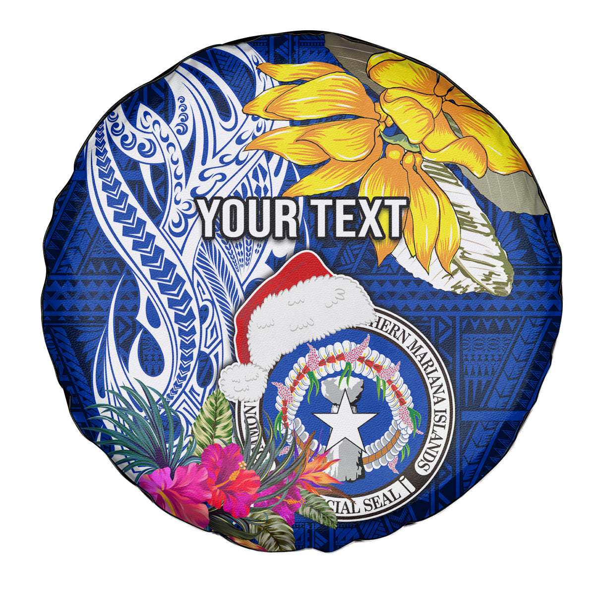 Custom Northern Mariana Islands Christmas Spare Tire Cover Funny Santa Hug Latte Stone Ylang-ylang and Polynesia Pattern Blue LT03 - Polynesian Pride