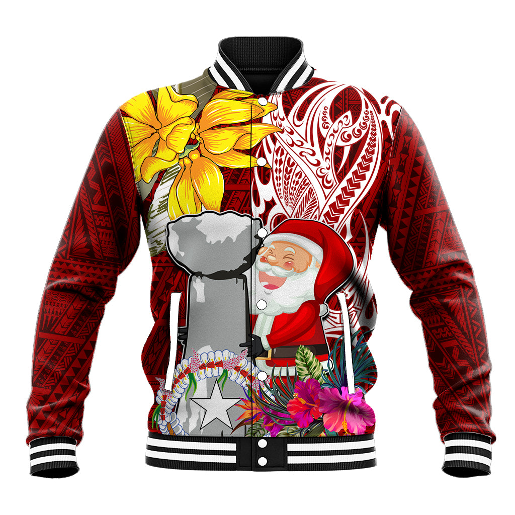 Custom Northern Mariana Islands Christmas Baseball Jacket Funny Santa Hug Latte Stone Ylang-ylang and Polynesia Pattern Red LT03 Unisex Red - Polynesian Pride