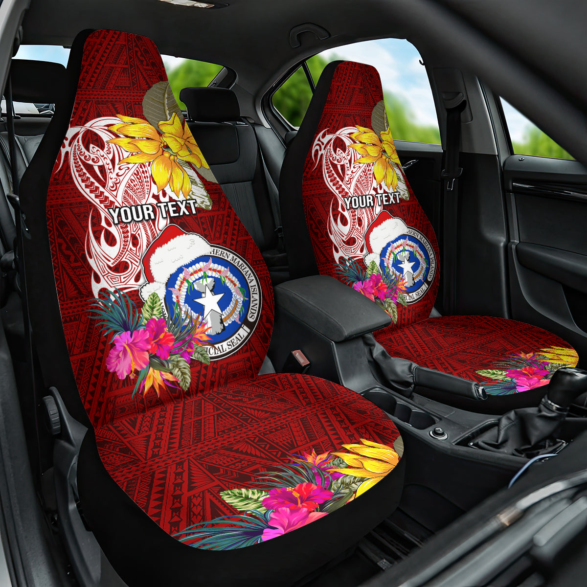 Custom Northern Mariana Islands Christmas Car Seat Cover Funny Santa Hug Latte Stone Ylang-ylang and Polynesia Pattern Red LT03 One Size Red - Polynesian Pride