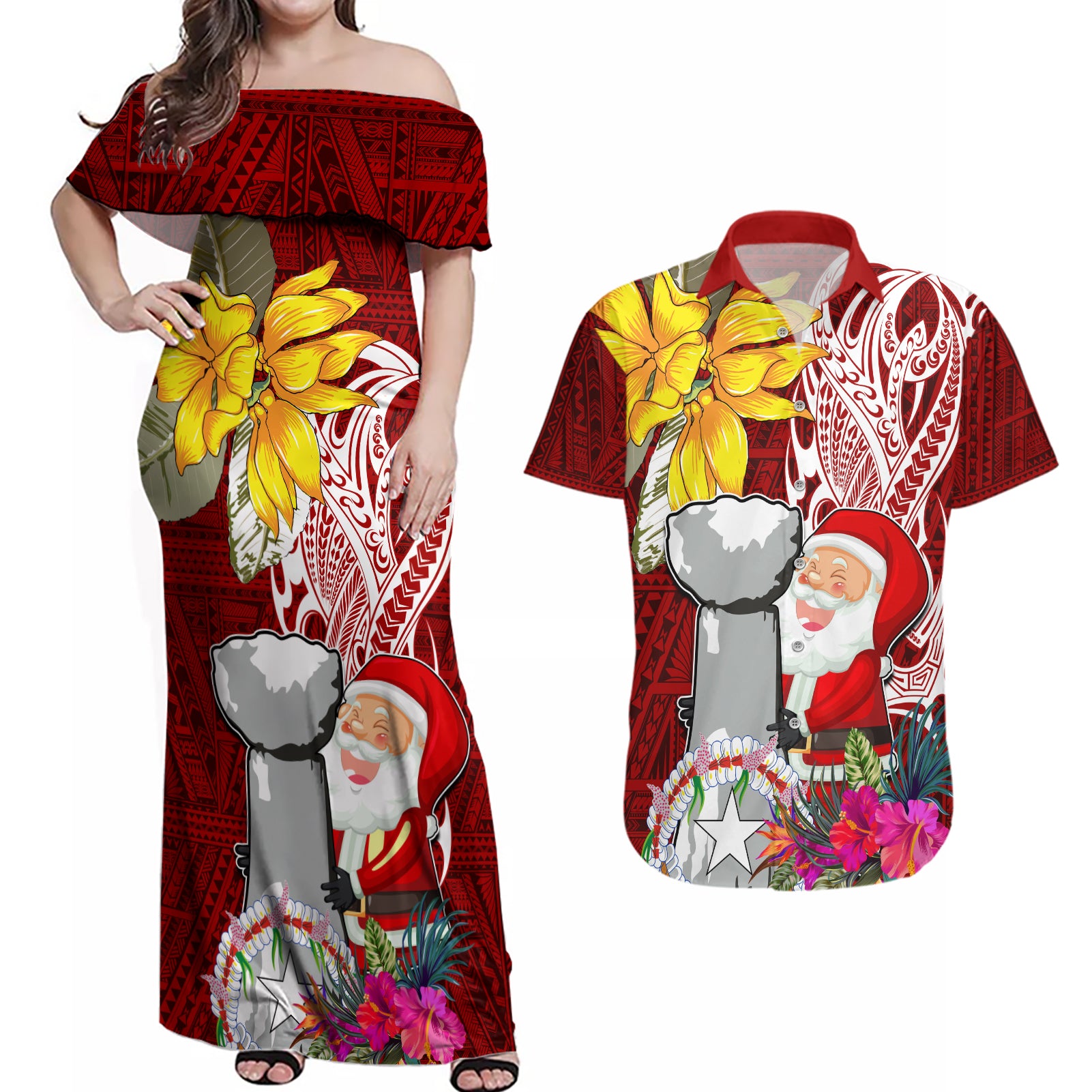 Custom Northern Mariana Islands Christmas Couples Matching Off Shoulder Maxi Dress and Hawaiian Shirt Funny Santa Hug Latte Stone Ylang-ylang and Polynesia Pattern Red LT03 Red - Polynesian Pride