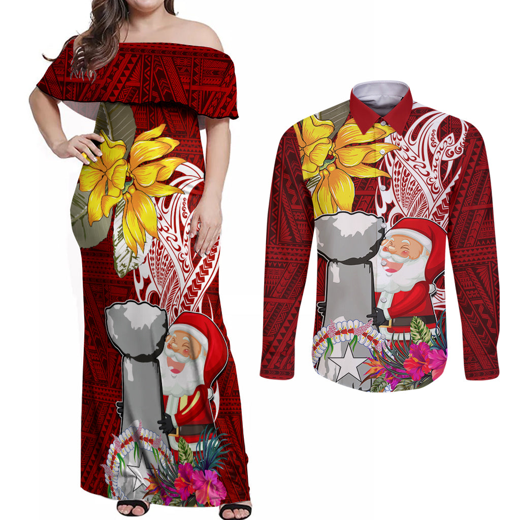 Custom Northern Mariana Islands Christmas Couples Matching Off Shoulder Maxi Dress and Long Sleeve Button Shirt Funny Santa Hug Latte Stone Ylang-ylang and Polynesia Pattern Red LT03 Red - Polynesian Pride