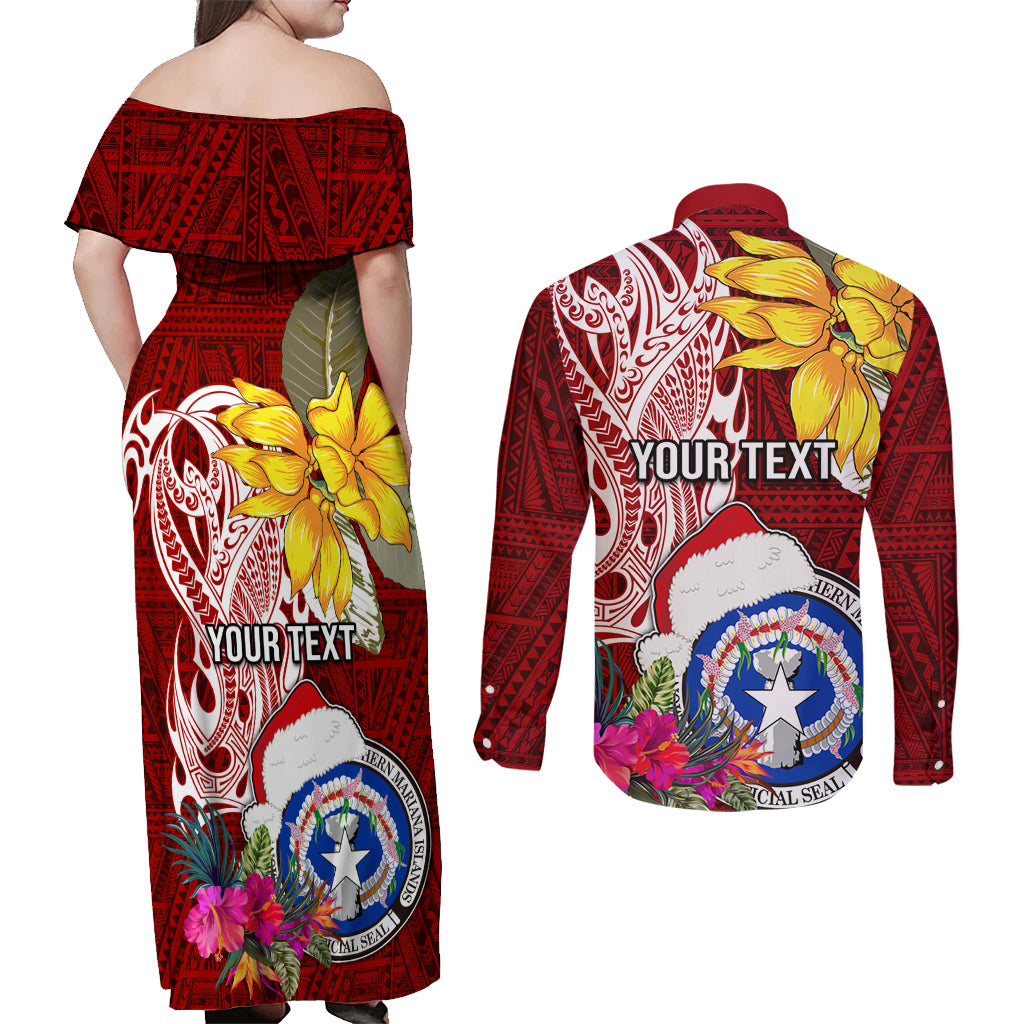 Custom Northern Mariana Islands Christmas Couples Matching Off Shoulder Maxi Dress and Long Sleeve Button Shirt Funny Santa Hug Latte Stone Ylang-ylang and Polynesia Pattern Red LT03 - Polynesian Pride