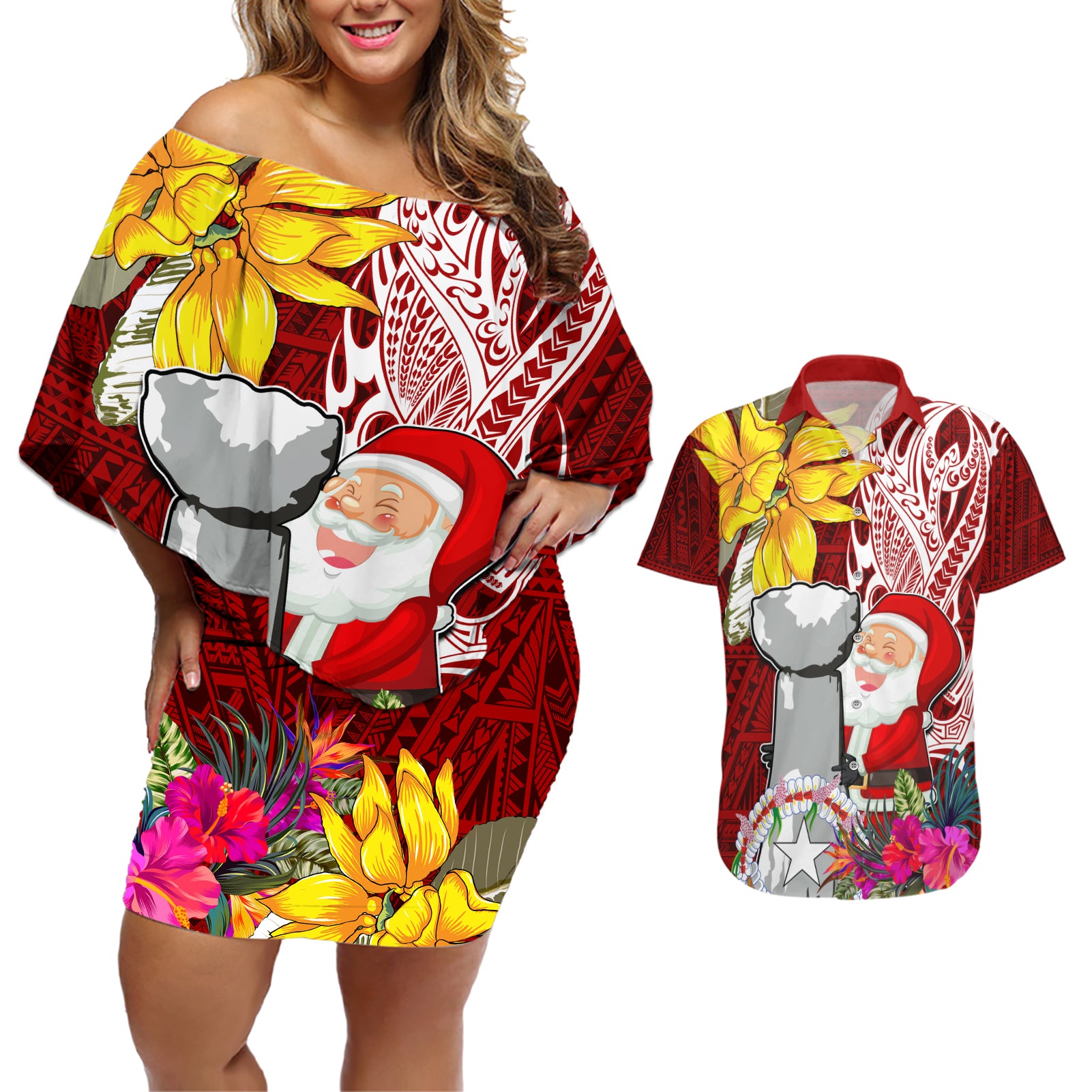 Custom Northern Mariana Islands Christmas Couples Matching Off Shoulder Short Dress and Hawaiian Shirt Funny Santa Hug Latte Stone Ylang-ylang and Polynesia Pattern Red LT03 Red - Polynesian Pride