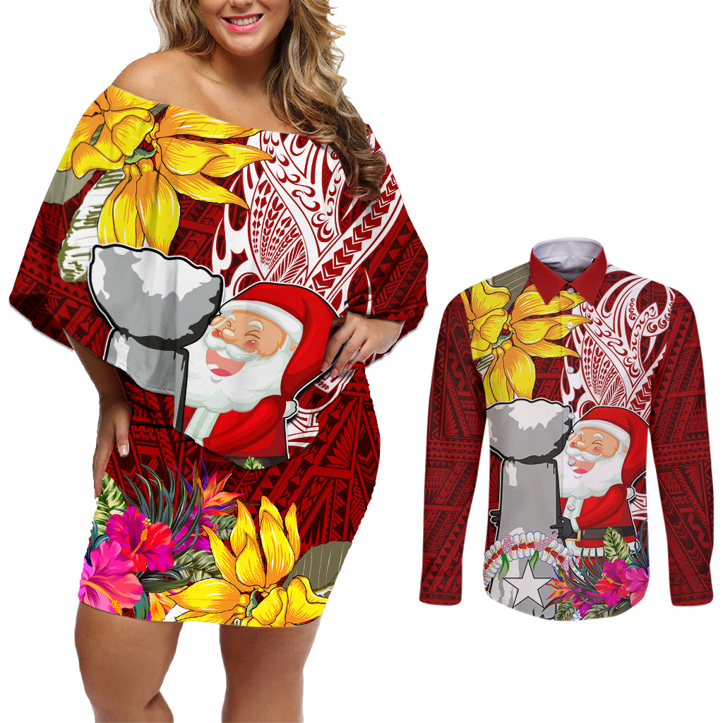 Custom Northern Mariana Islands Christmas Couples Matching Off Shoulder Short Dress and Long Sleeve Button Shirt Funny Santa Hug Latte Stone Ylang-ylang and Polynesia Pattern Red LT03 Red - Polynesian Pride