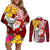 Custom Northern Mariana Islands Christmas Couples Matching Off Shoulder Short Dress and Long Sleeve Button Shirt Funny Santa Hug Latte Stone Ylang-ylang and Polynesia Pattern Red LT03 Red - Polynesian Pride