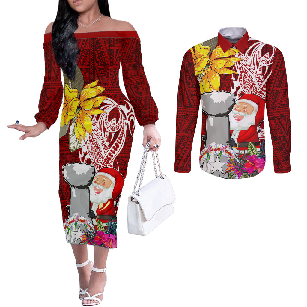 Custom Northern Mariana Islands Christmas Couples Matching Off The Shoulder Long Sleeve Dress and Long Sleeve Button Shirt Funny Santa Hug Latte Stone Ylang-ylang and Polynesia Pattern Red LT03 Red - Polynesian Pride