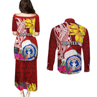 Custom Northern Mariana Islands Christmas Couples Matching Puletasi Dress and Long Sleeve Button Shirt Funny Santa Hug Latte Stone Ylang-ylang and Polynesia Pattern Red LT03 - Polynesian Pride