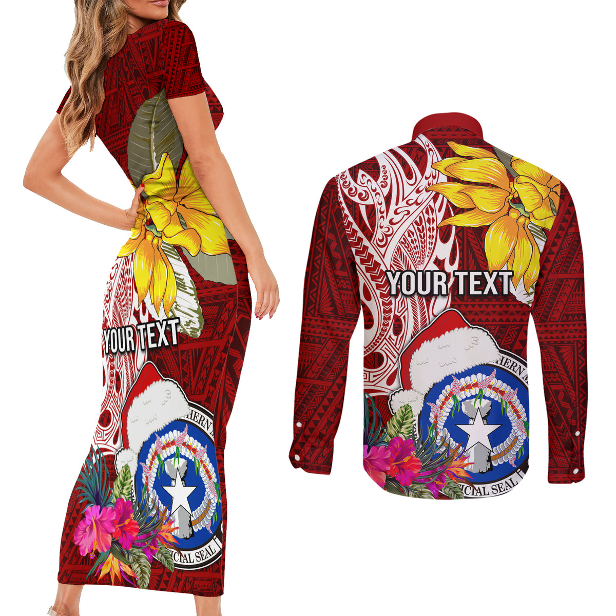 Custom Northern Mariana Islands Christmas Couples Matching Short Sleeve Bodycon Dress and Long Sleeve Button Shirt Funny Santa Hug Latte Stone Ylang-ylang and Polynesia Pattern Red LT03 - Polynesian Pride