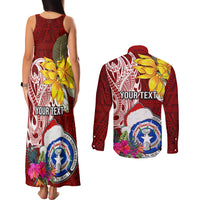 Custom Northern Mariana Islands Christmas Couples Matching Tank Maxi Dress and Long Sleeve Button Shirt Funny Santa Hug Latte Stone Ylang-ylang and Polynesia Pattern Red LT03 - Polynesian Pride
