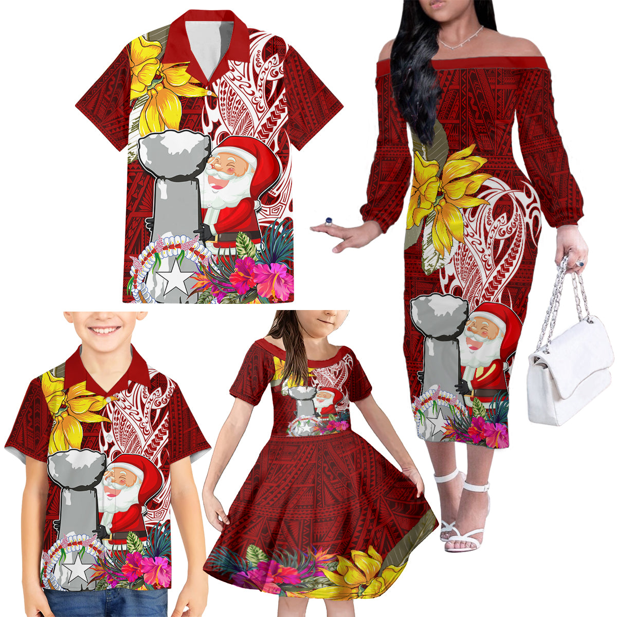 Custom Northern Mariana Islands Christmas Family Matching Off Shoulder Long Sleeve Dress and Hawaiian Shirt Funny Santa Hug Latte Stone Ylang-ylang and Polynesia Pattern Red LT03 - Polynesian Pride