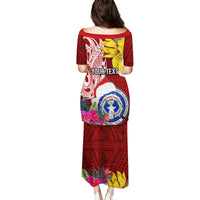 Custom Northern Mariana Islands Christmas Family Matching Puletasi Dress and Hawaiian Shirt Funny Santa Hug Latte Stone Ylang-ylang and Polynesia Pattern Red LT03 - Polynesian Pride