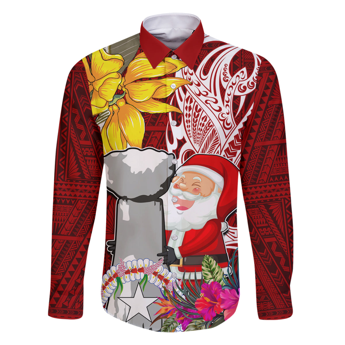 Custom Northern Mariana Islands Christmas Family Matching Short Sleeve Bodycon Dress and Hawaiian Shirt Funny Santa Hug Latte Stone Ylang-ylang and Polynesia Pattern Red LT03 Dad's Shirt - Long Sleeve Red - Polynesian Pride