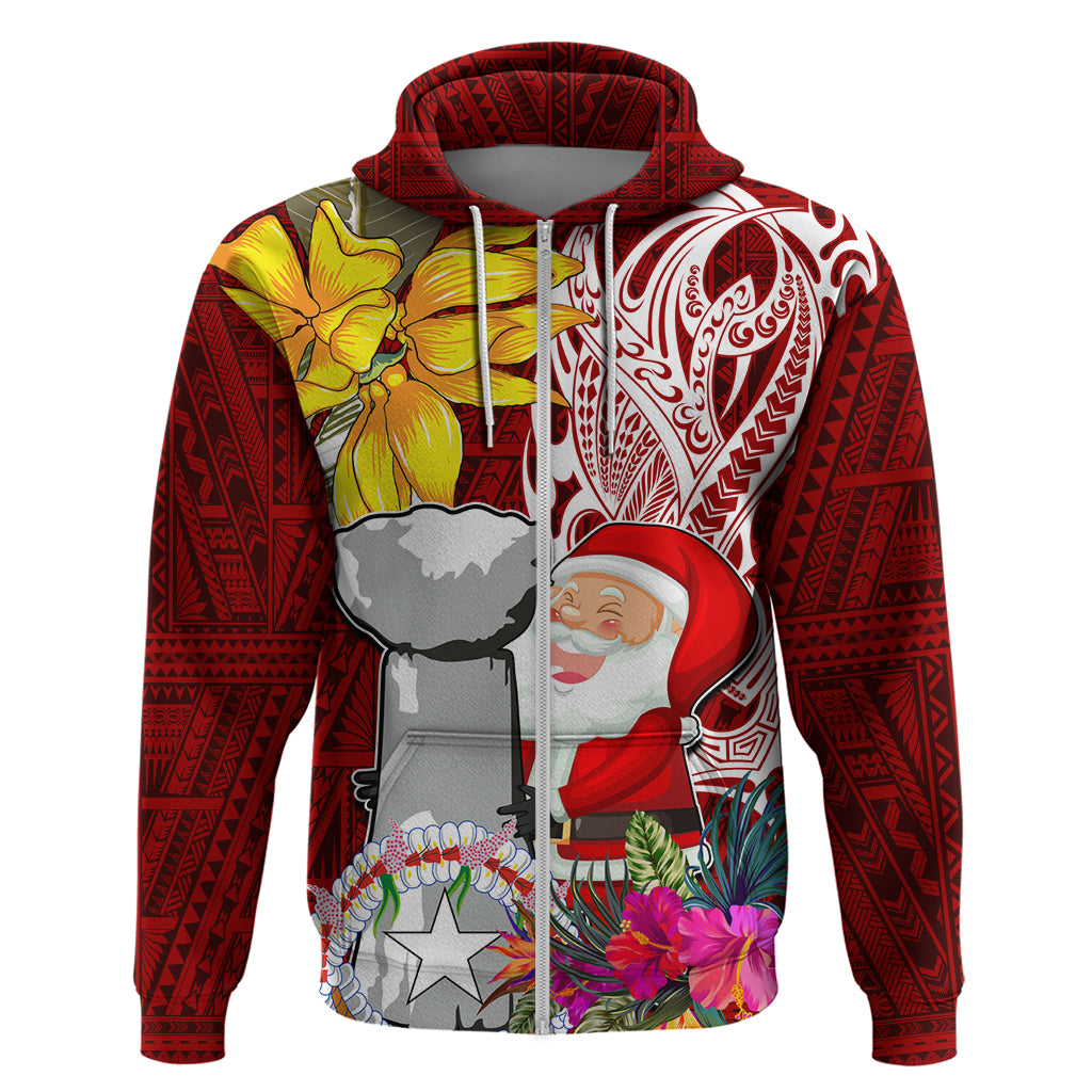 Custom Northern Mariana Islands Christmas Hoodie Funny Santa Hug Latte Stone Ylang-ylang and Polynesia Pattern Red LT03 Zip Hoodie Red - Polynesian Pride