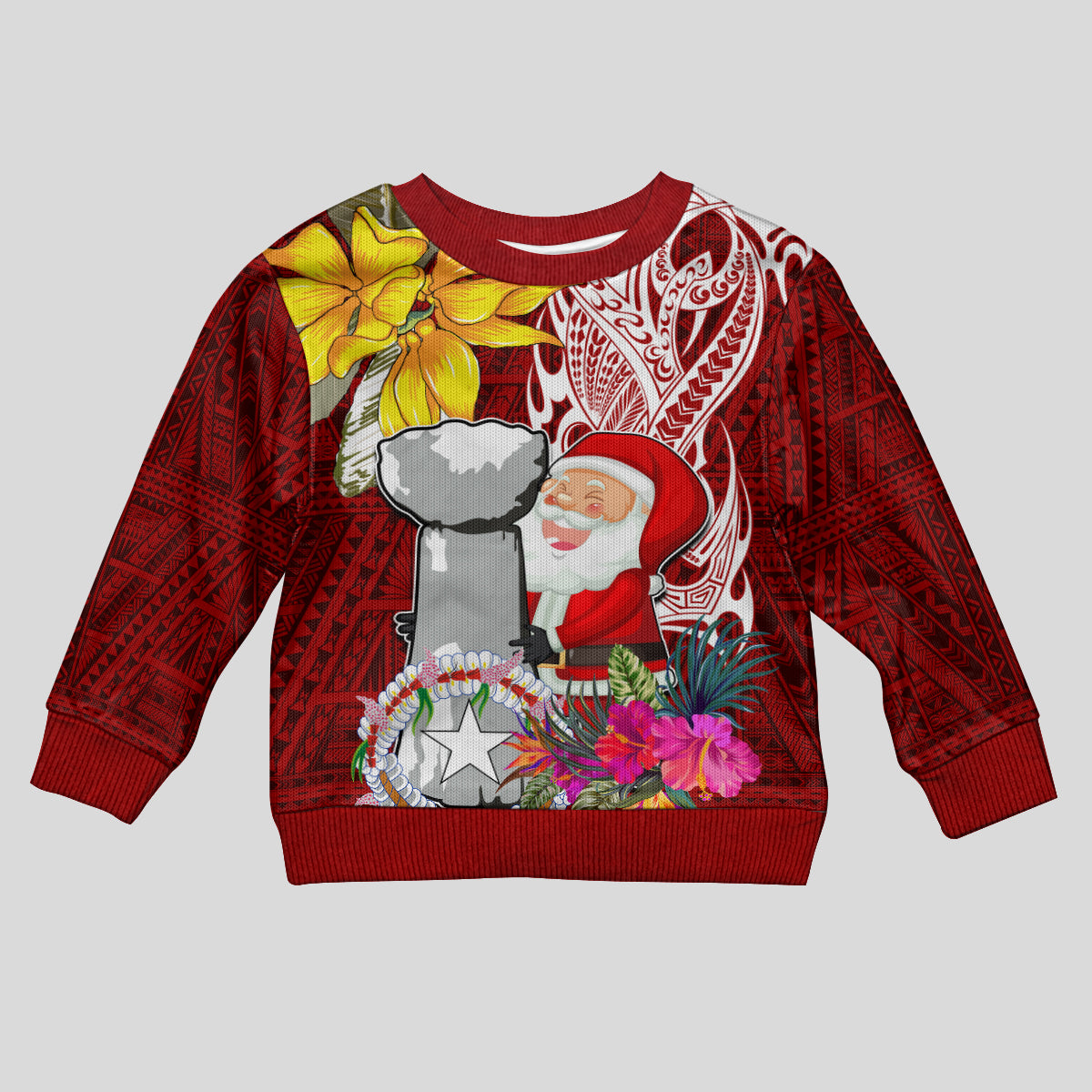 Custom Northern Mariana Islands Christmas Kid Ugly Christmas Sweater Funny Santa Hug Latte Stone Ylang-ylang and Polynesia Pattern Red LT03 Kid Red - Polynesian Pride