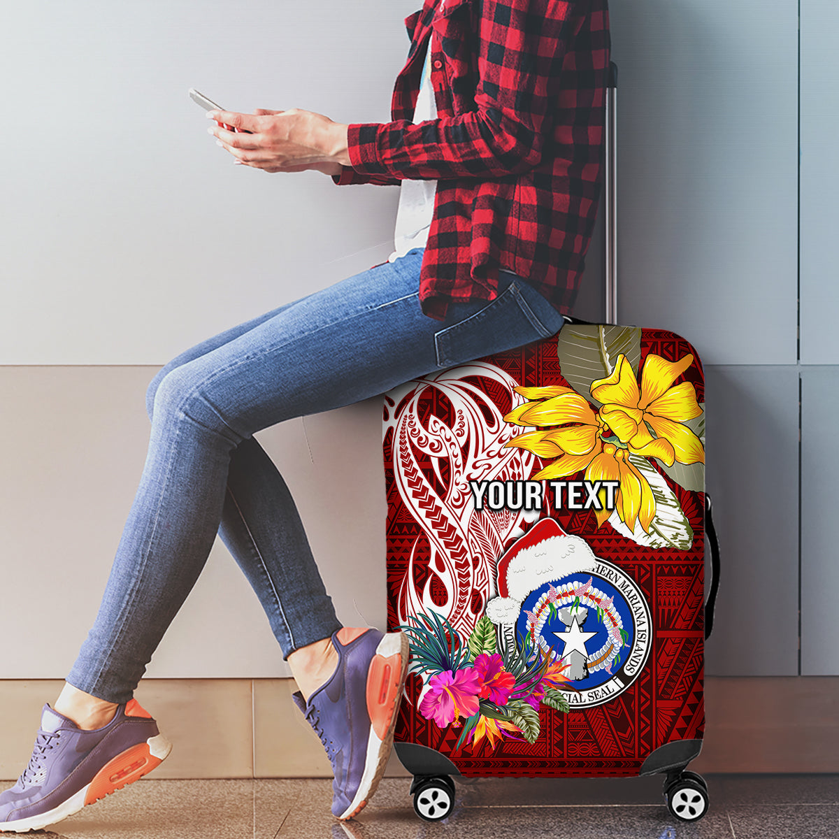 Custom Northern Mariana Islands Christmas Luggage Cover Funny Santa Hug Latte Stone Ylang-ylang and Polynesia Pattern Red LT03 - Polynesian Pride