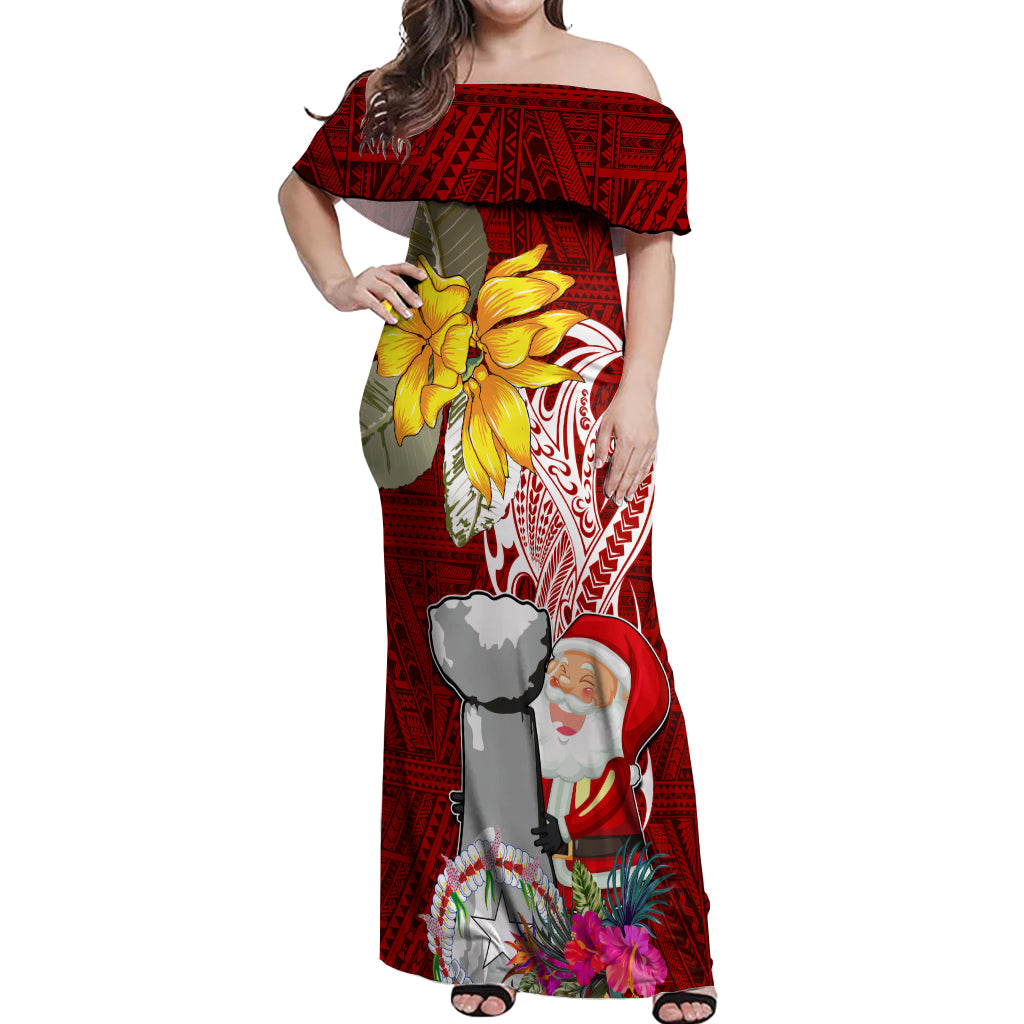 Custom Northern Mariana Islands Christmas Off Shoulder Maxi Dress Funny Santa Hug Latte Stone Ylang-ylang and Polynesia Pattern Red LT03 Women Red - Polynesian Pride