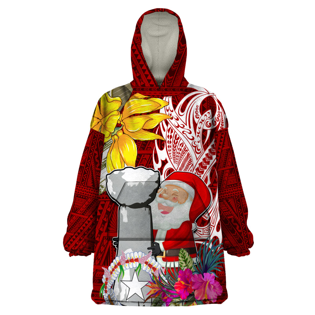 Custom Northern Mariana Islands Christmas Wearable Blanket Hoodie Funny Santa Hug Latte Stone Ylang-ylang and Polynesia Pattern Red LT03 One Size Red - Polynesian Pride