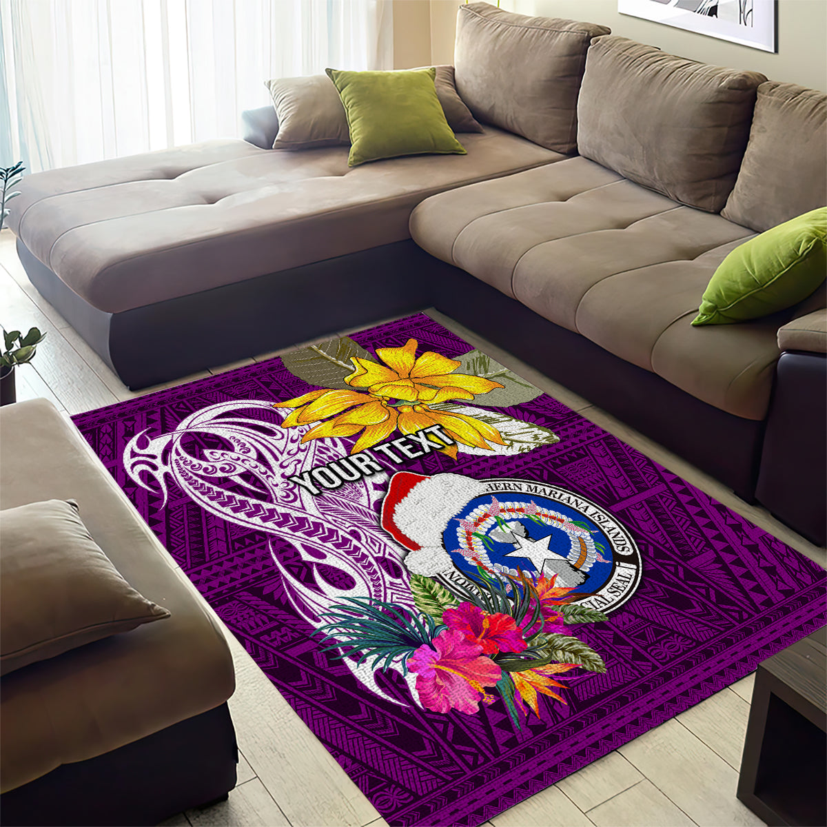 Custom Northern Mariana Islands Christmas Area Rug Funny Santa Hug Latte Stone Ylang-ylang and Polynesia Pattern Pink LT03 - Polynesian Pride