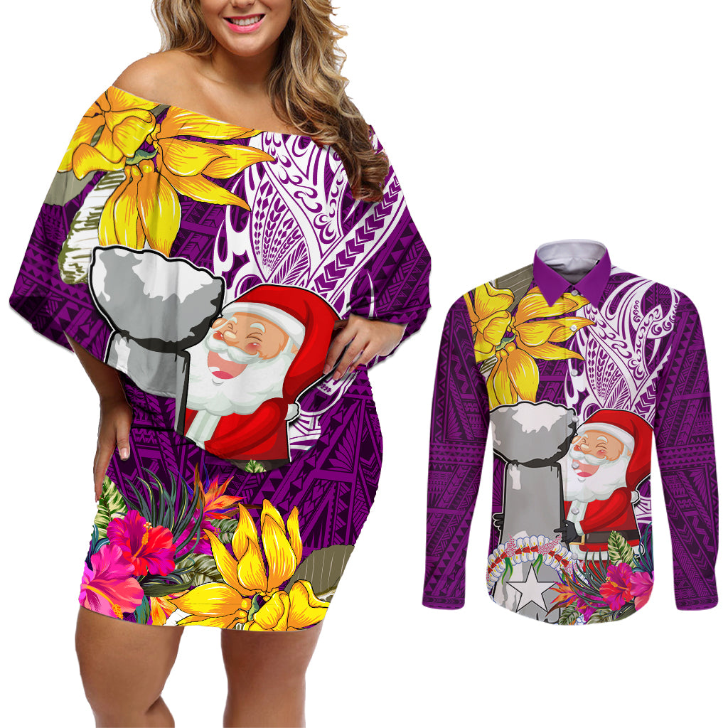 Custom Northern Mariana Islands Christmas Couples Matching Off Shoulder Short Dress and Long Sleeve Button Shirt Funny Santa Hug Latte Stone Ylang-ylang and Polynesia Pattern Pink LT03 Pink - Polynesian Pride