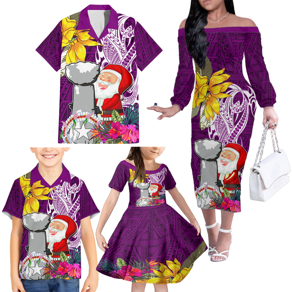 Custom Northern Mariana Islands Christmas Family Matching Off Shoulder Long Sleeve Dress and Hawaiian Shirt Funny Santa Hug Latte Stone Ylang-ylang and Polynesia Pattern Pink LT03 - Polynesian Pride