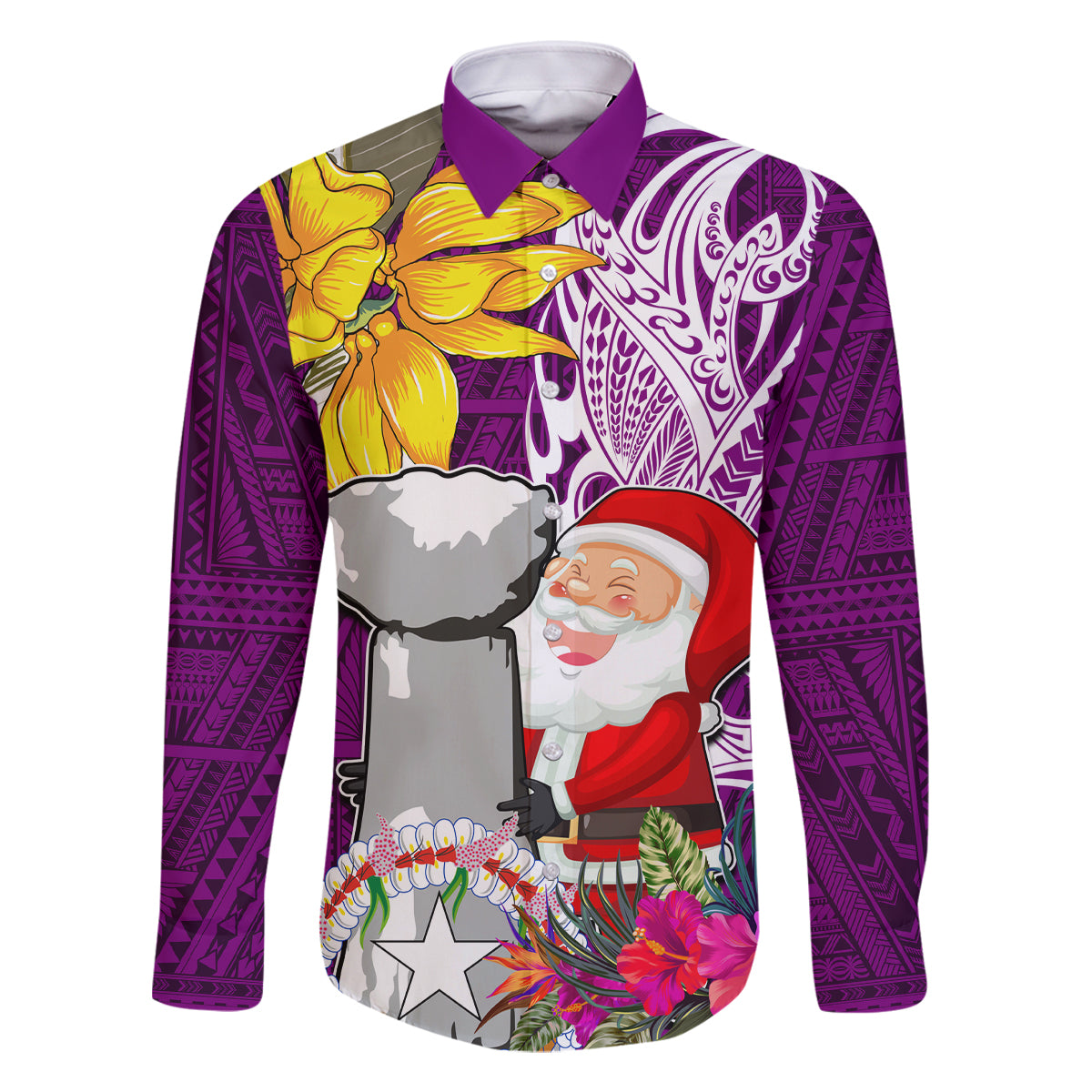 Custom Northern Mariana Islands Christmas Family Matching Summer Maxi Dress and Hawaiian Shirt Funny Santa Hug Latte Stone Ylang-ylang and Polynesia Pattern Pink LT03 Dad's Shirt - Long Sleeve Pink - Polynesian Pride