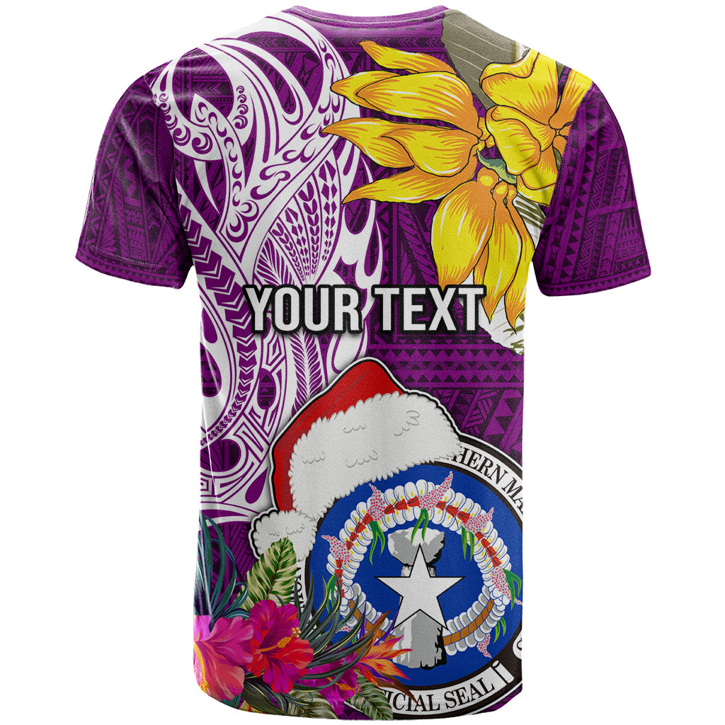 Custom Northern Mariana Islands Christmas T Shirt Funny Santa Hug Latte Stone Ylang-ylang and Polynesia Pattern Pink LT03 - Polynesian Pride