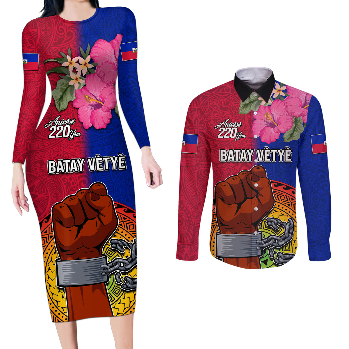 Haiti Battle of Vertieres Couples Matching Long Sleeve Bodycon Dress and Long Sleeve Button Shirt The Haitian Revolution 220th Anniversary Polynesian Style LT03 Red - Polynesian Pride