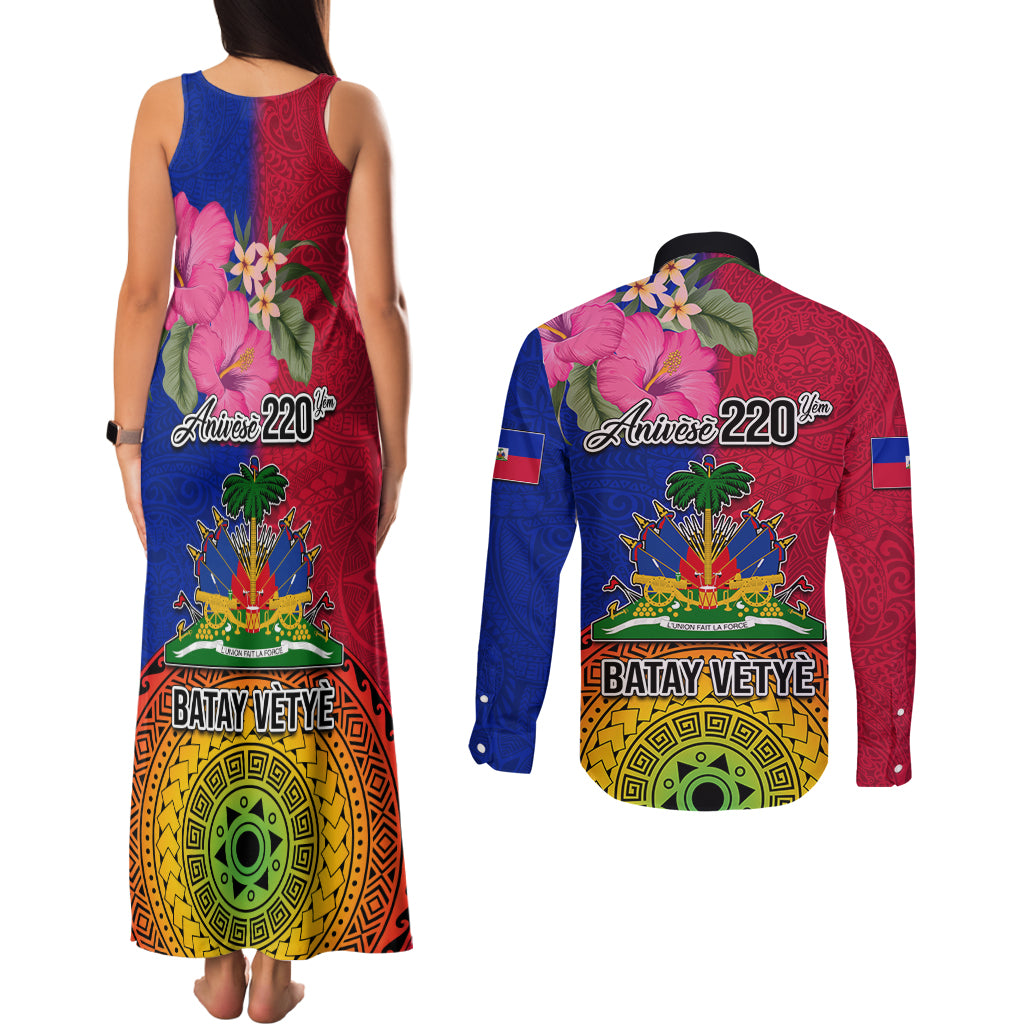 Haiti Battle of Vertieres Couples Matching Tank Maxi Dress and Long Sleeve Button Shirt The Haitian Revolution 220th Anniversary Polynesian Style LT03 - Polynesian Pride