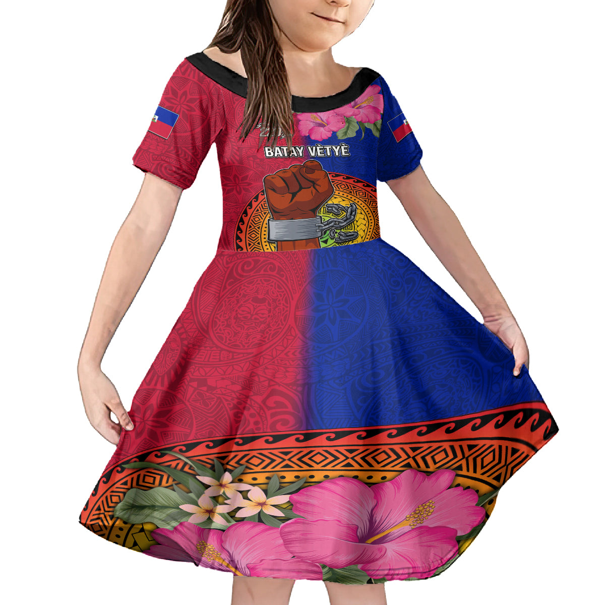Haiti Battle of Vertieres Family Matching Off Shoulder Long Sleeve Dress and Hawaiian Shirt The Haitian Revolution 220th Anniversary Polynesian Style LT03 Daughter's Dress Red - Polynesian Pride