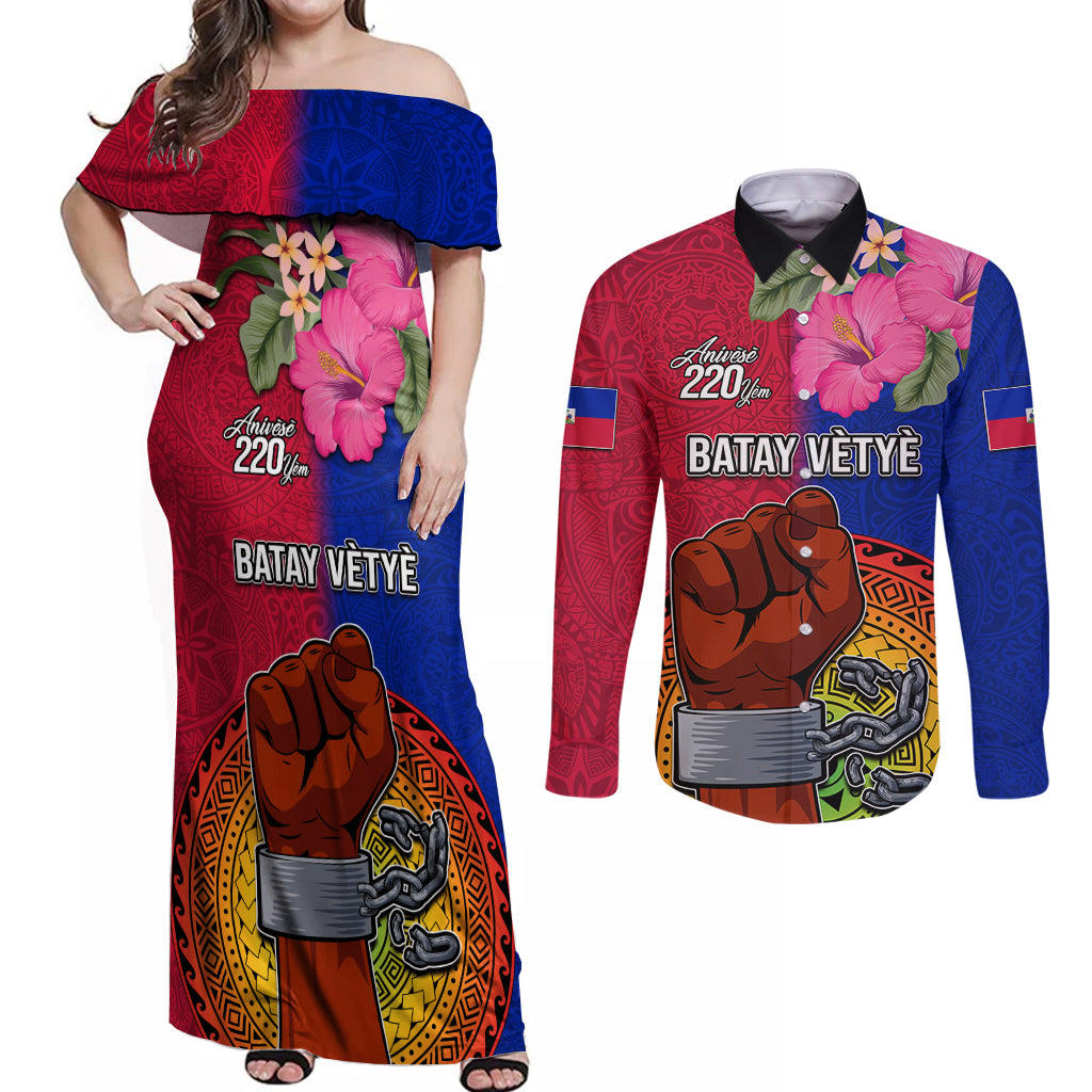Personalised Haiti Battle of Vertieres Couples Matching Off Shoulder Maxi Dress and Long Sleeve Button Shirt The Haitian Revolution 220th Anniversary Polynesian Style LT03 Red - Polynesian Pride