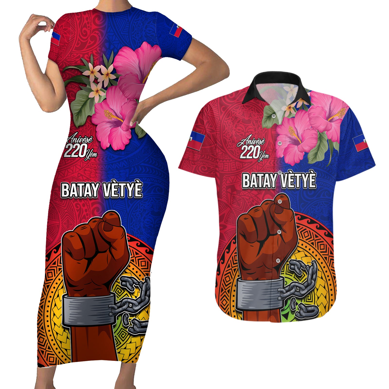 Personalised Haiti Battle of Vertieres Couples Matching Short Sleeve Bodycon Dress and Hawaiian Shirt The Haitian Revolution 220th Anniversary Polynesian Style LT03 Red - Polynesian Pride