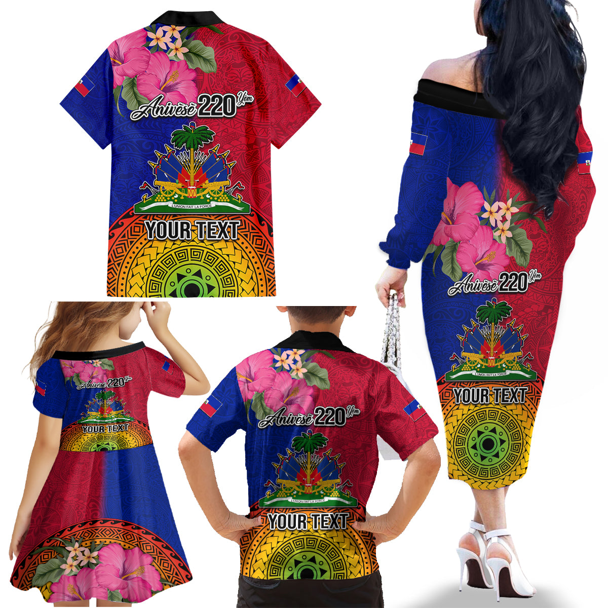 Personalised Haiti Battle of Vertieres Family Matching Off Shoulder Long Sleeve Dress and Hawaiian Shirt The Haitian Revolution 220th Anniversary Polynesian Style LT03 - Polynesian Pride