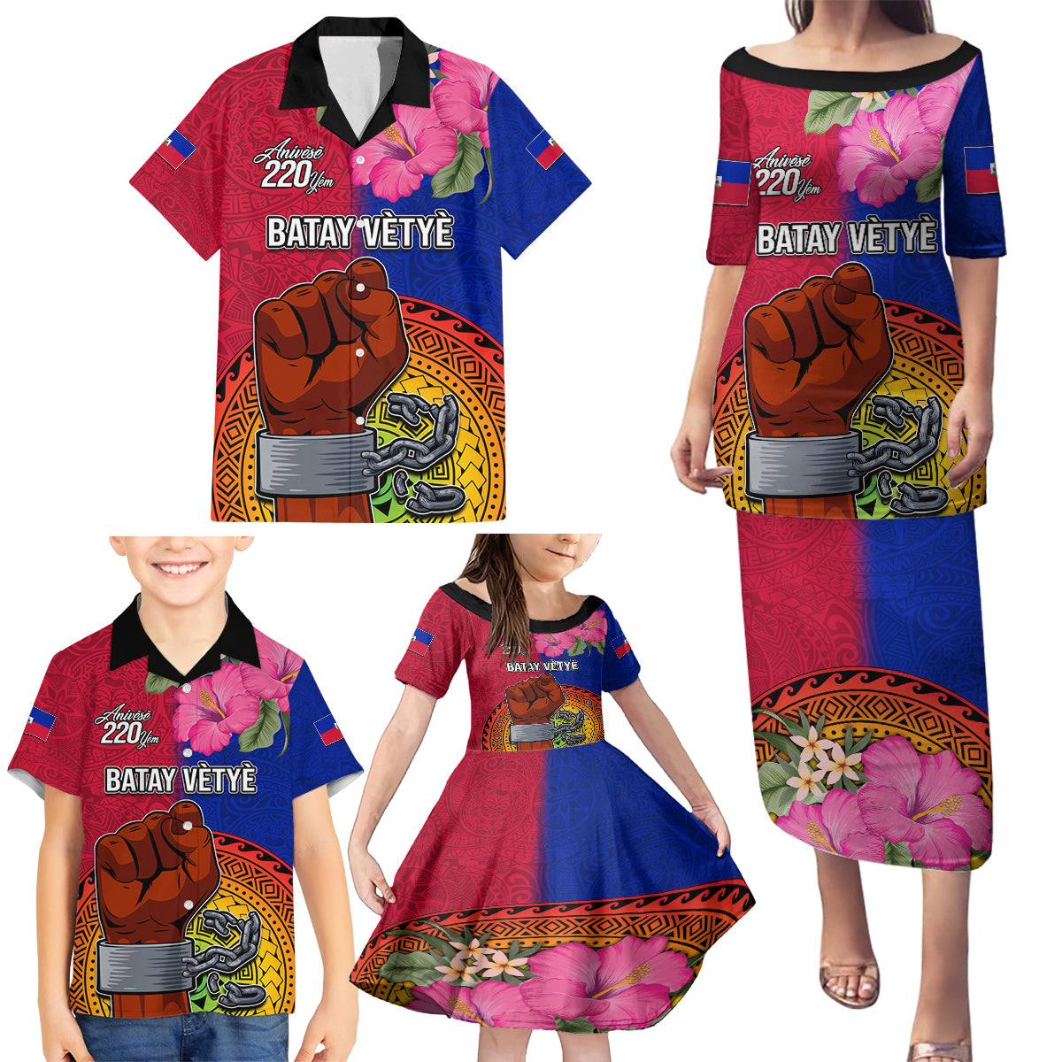 Personalised Haiti Battle of Vertieres Family Matching Puletasi Dress and Hawaiian Shirt The Haitian Revolution 220th Anniversary Polynesian Style LT03 - Polynesian Pride