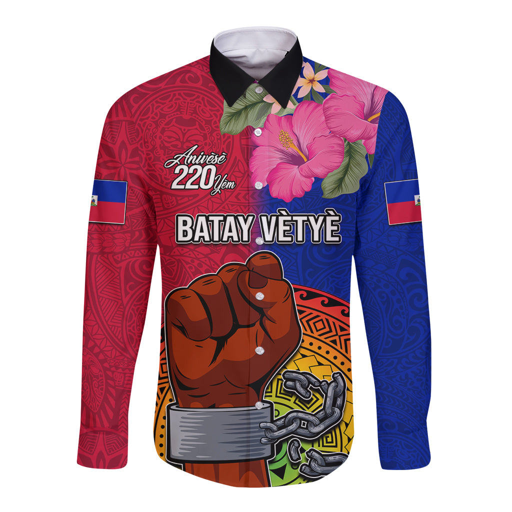 Personalised Haiti Battle of Vertieres Long Sleeve Button Shirt The Haitian Revolution 220th Anniversary Polynesian Style LT03 Unisex Red - Polynesian Pride