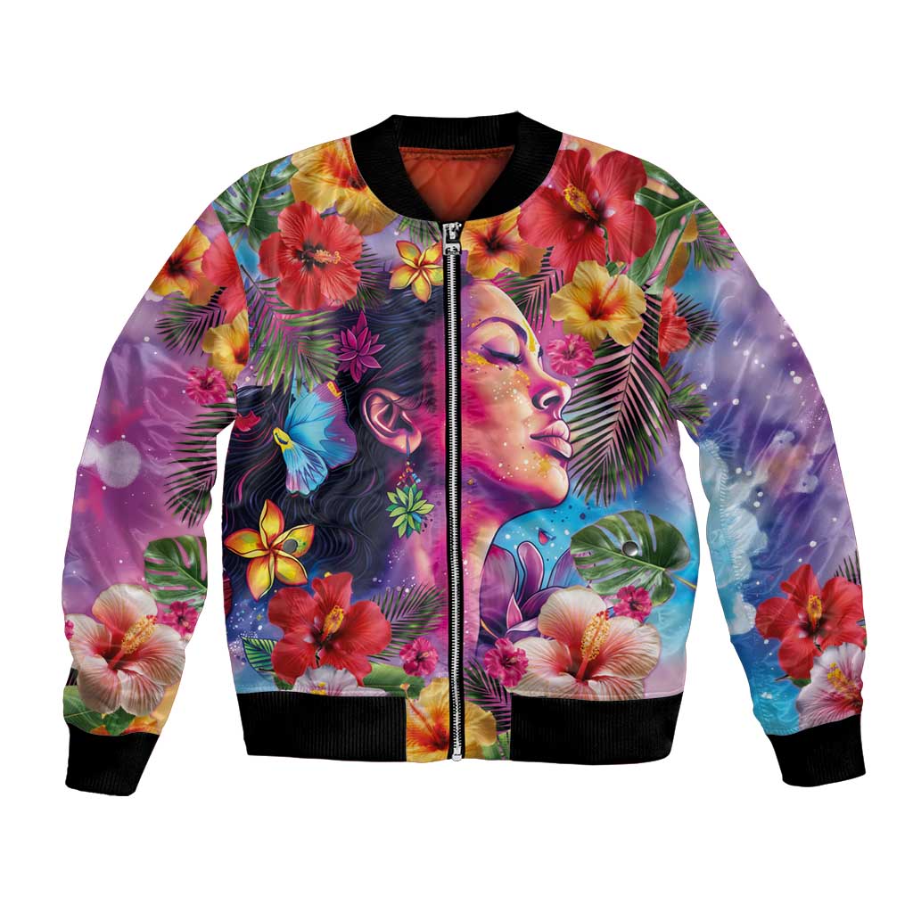 Polynesian Women Bomber Jacket Tropical Plant - Vibrant Surreal Dreamscape Vibe